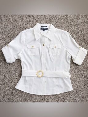 Jones New York White Button-Up Shirt with Gold Buttons